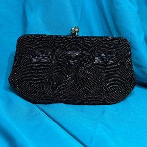 Black Beaded Evening Bag Clutch with Bow Detail Handmade Kiss Lock by Delill